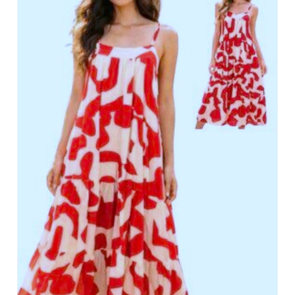 Abel The Label Red White Abstract Print Tiered Maxi Dress Size L NWT